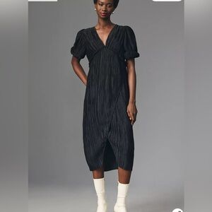 Anthropologie V-Neck Pleated Slim Midi Dress Womens XSP Black Open Back Cut Out